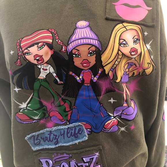 Vintage Y2K Bratz cotton oversized sweatshirt hunter green pink patchwork Sz XS - Picture 7 of 9